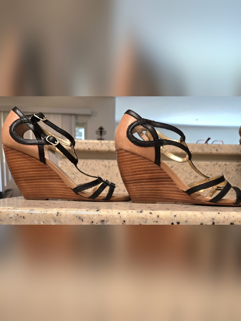 Seychelles Black Strappy T‑Bar Sandals with Gold Insole - Picture 3 of 6